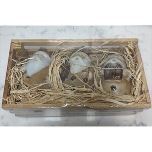 Pier 1 Imports‎ Ceramic Bell SantaOrnaments Primitive Santa Wooden Box Set New